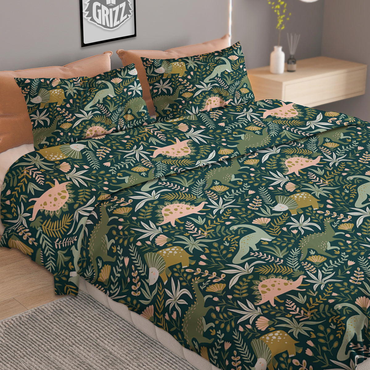 Tropical Leaves Cute Dino Print Pattern Duvet Cover Bedding Set