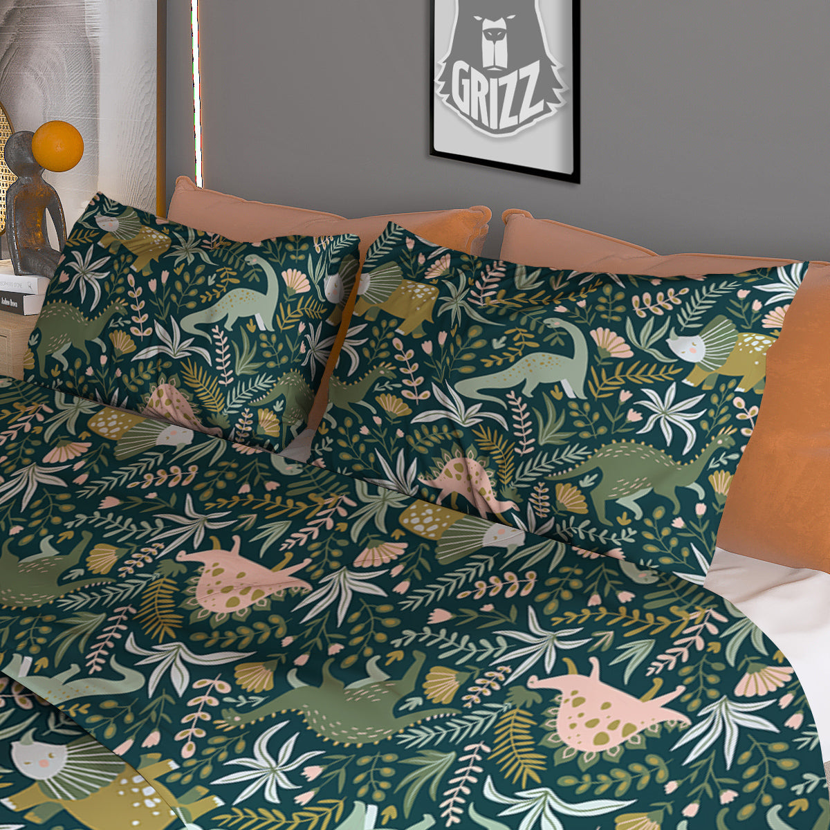 Tropical Leaves Cute Dino Print Pattern Duvet Cover Bedding Set-grizzshop