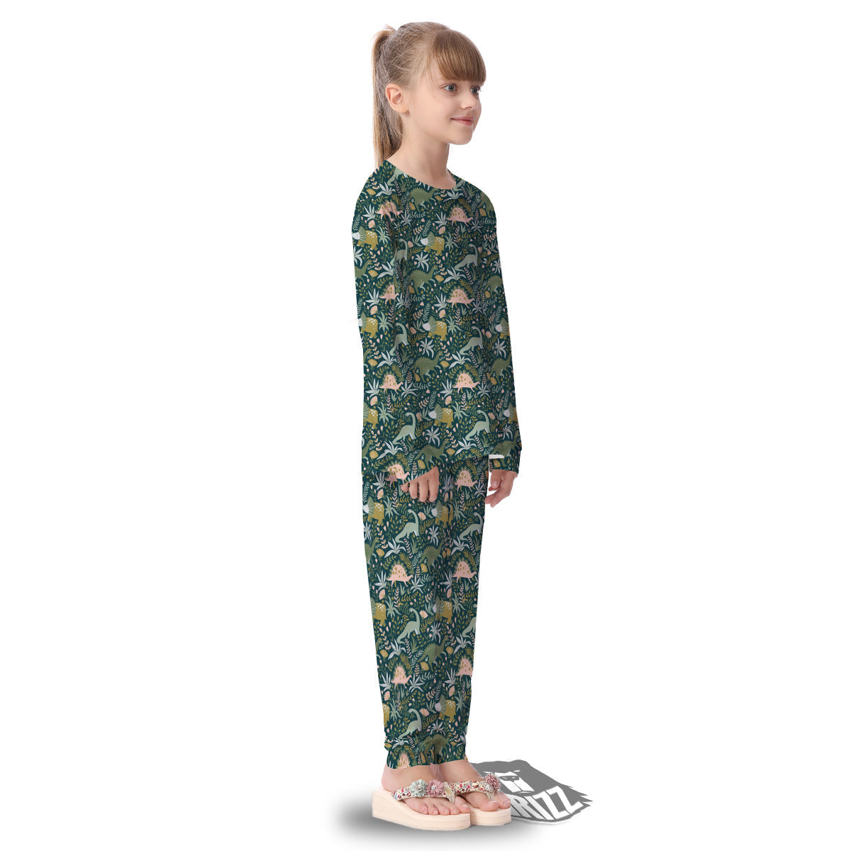 Tropical Leaves Cute Dino Print Pattern Kid's Pajamas-grizzshop