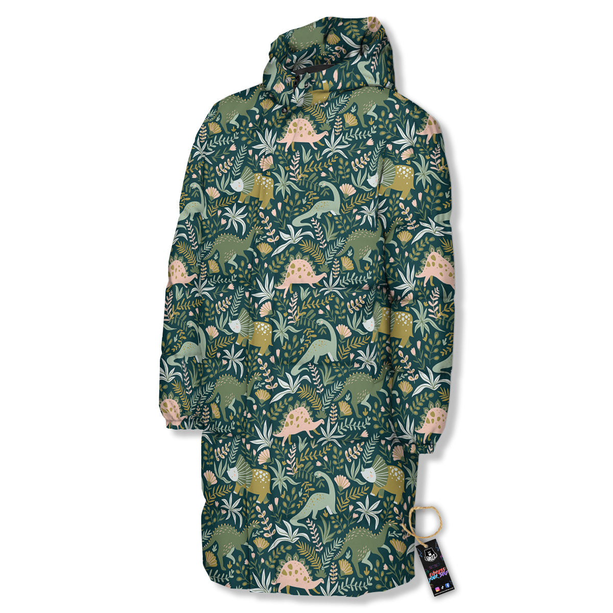 Tropical Leaves Cute Dino Print Pattern Long Down Jacket-grizzshop