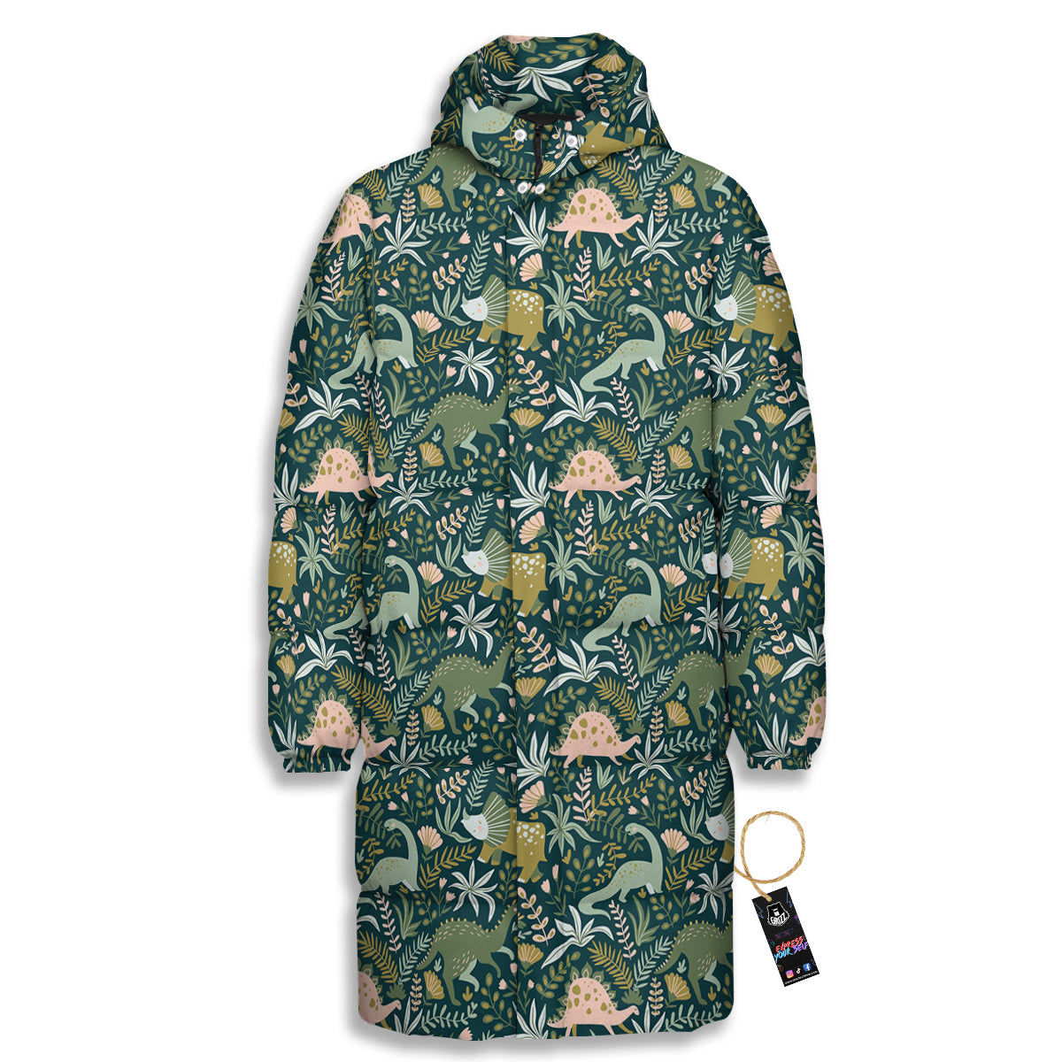 Tropical Leaves Cute Dino Print Pattern Long Down Jacket-grizzshop