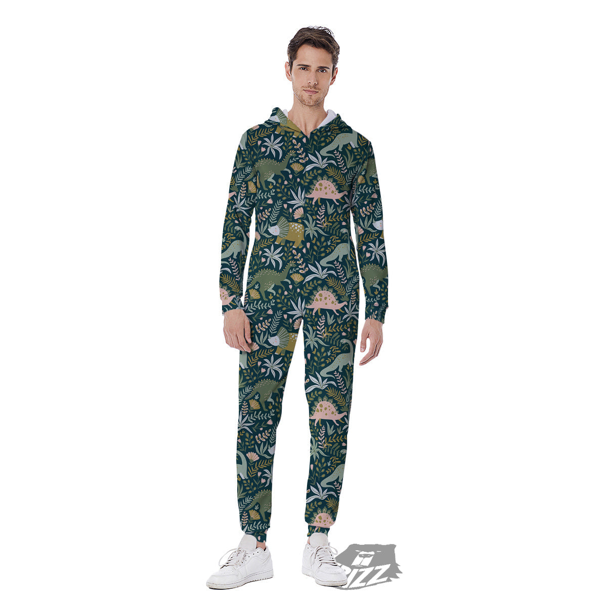 Tropical Leaves Cute Dino Print Pattern Men's Jumpsuit-grizzshop