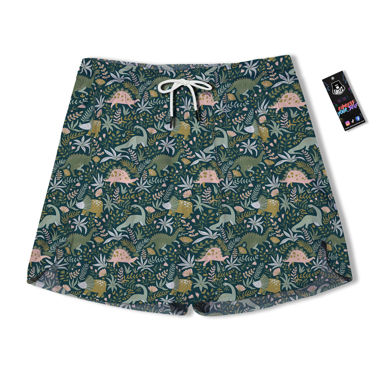 Tropical Leaves Cute Dino Print Pattern Men's Running Shorts-grizzshop