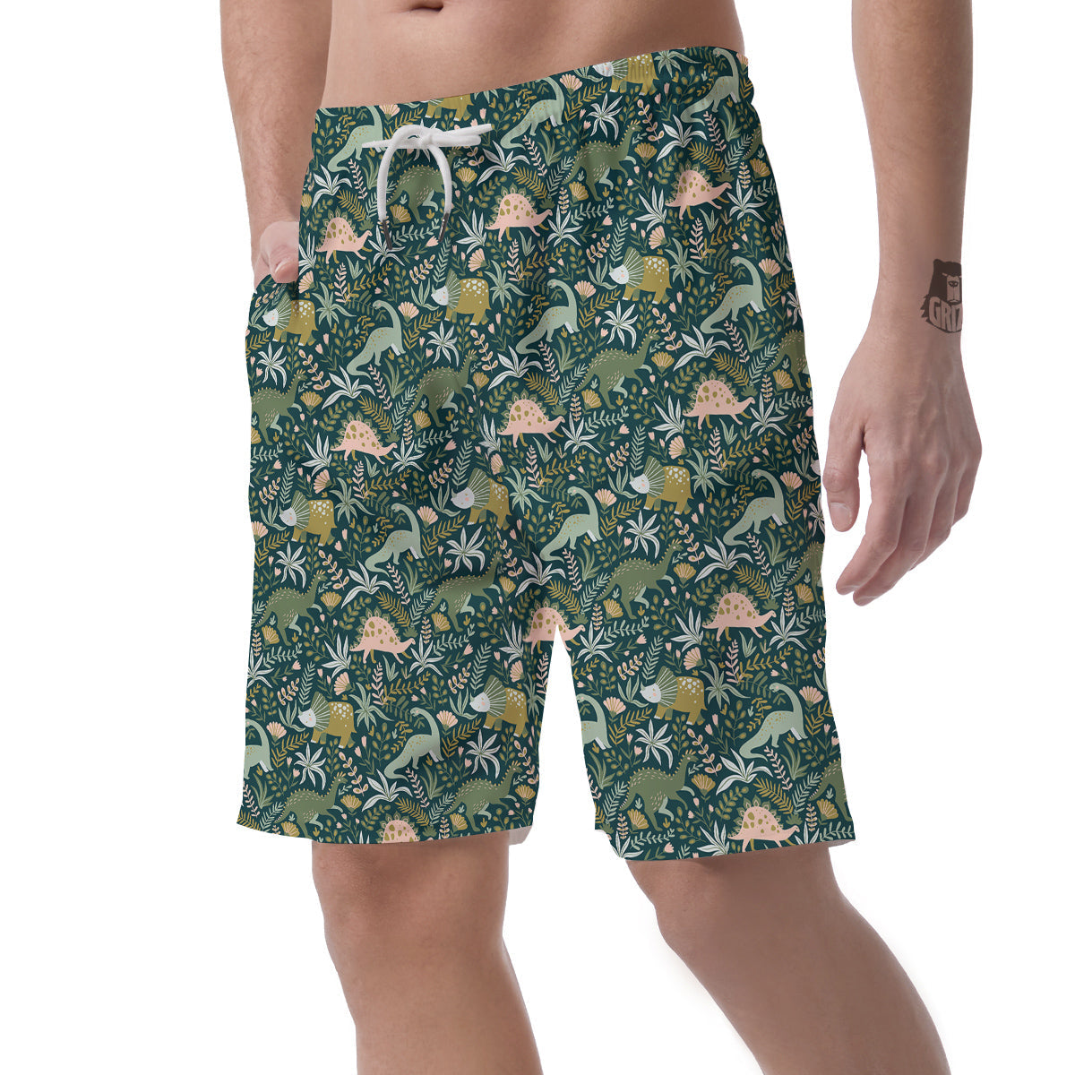 Tropical Leaves Cute Dino Print Pattern Men's Shorts-grizzshop