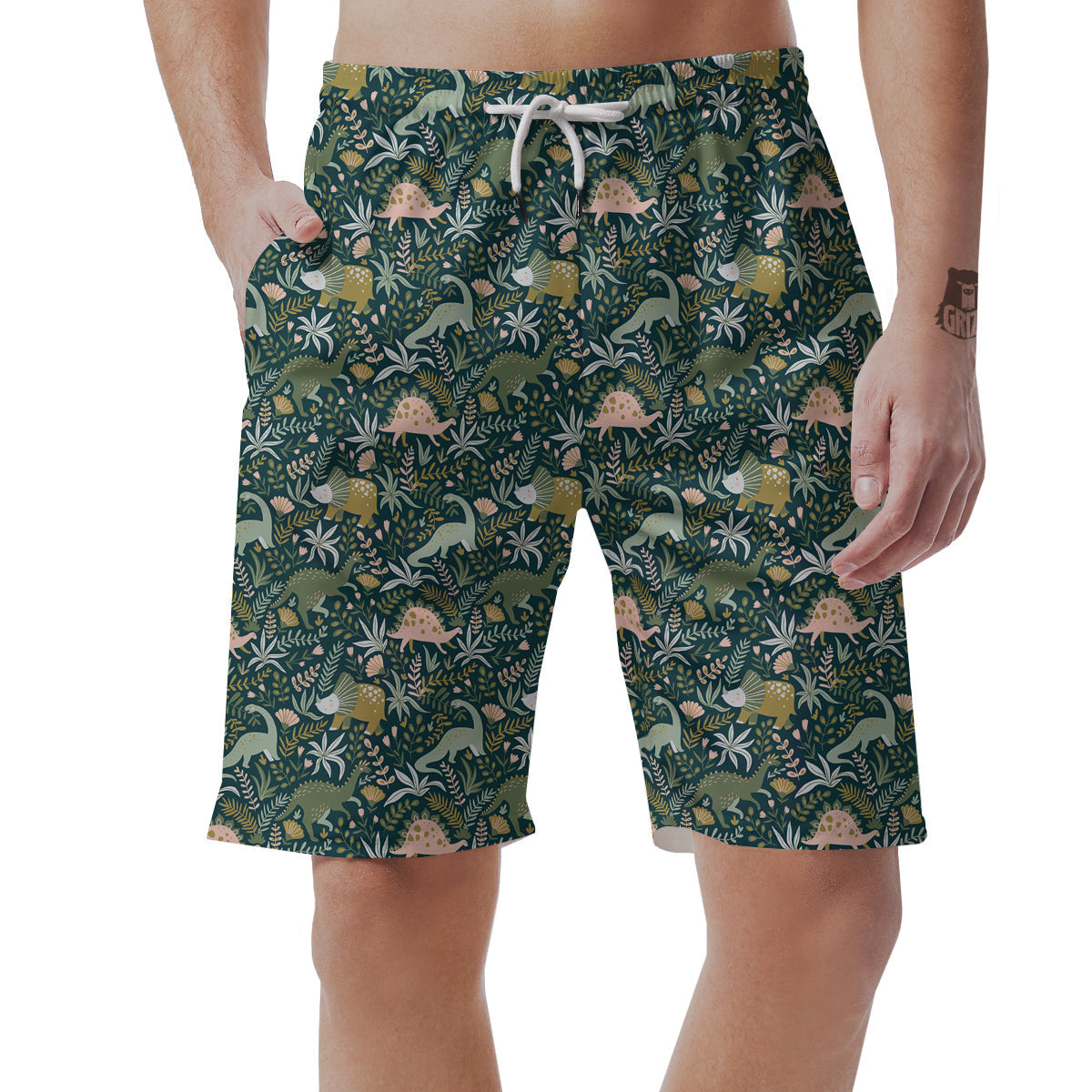 Tropical Leaves Cute Dino Print Pattern Men's Shorts-grizzshop