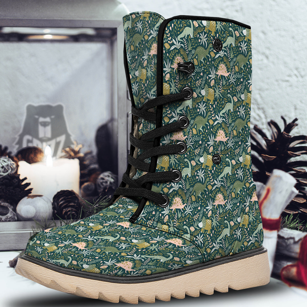 Tropical Leaves Cute Dino Print Pattern Snow Boots-grizzshop
