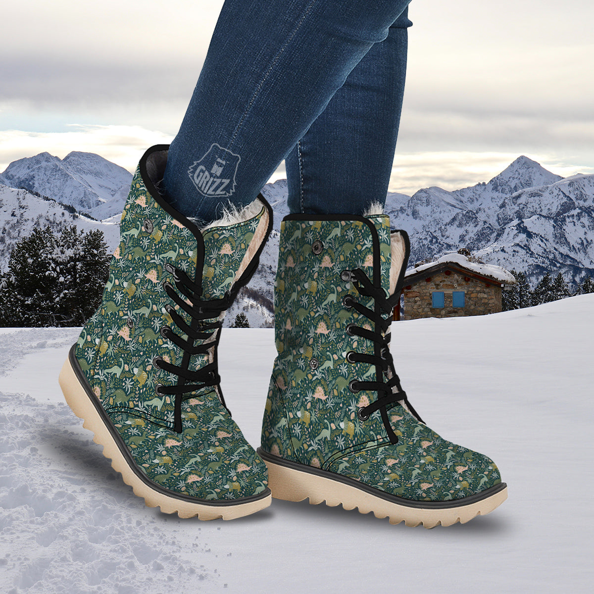 Tropical Leaves Cute Dino Print Pattern Snow Boots-grizzshop