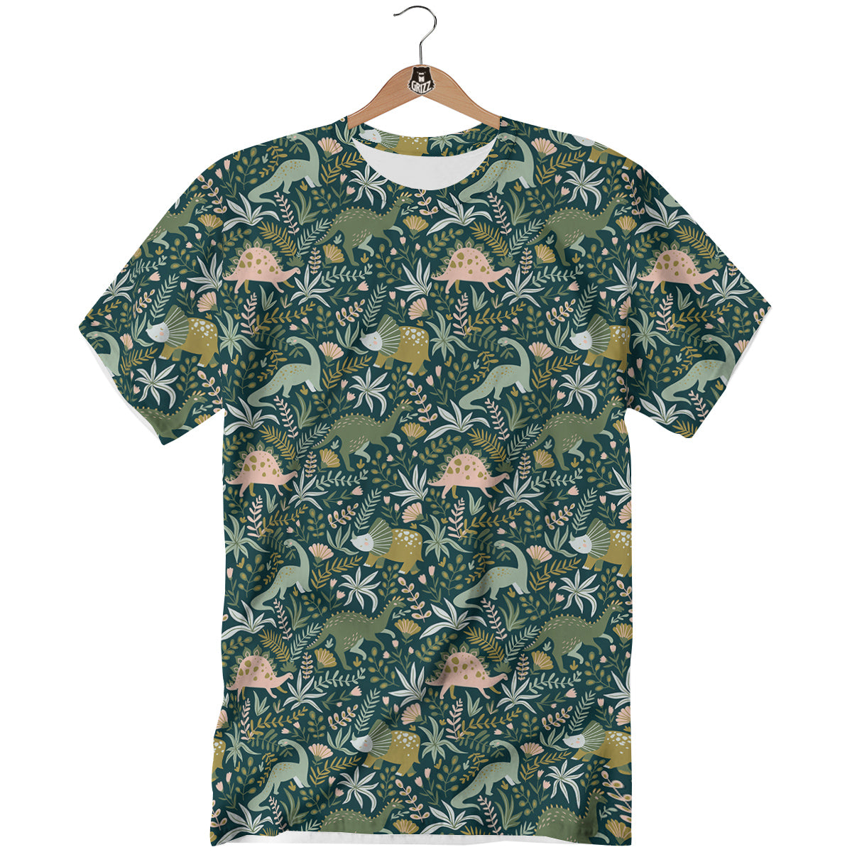 Tropical Leaves Cute Dino Print Pattern T-Shirt-grizzshop