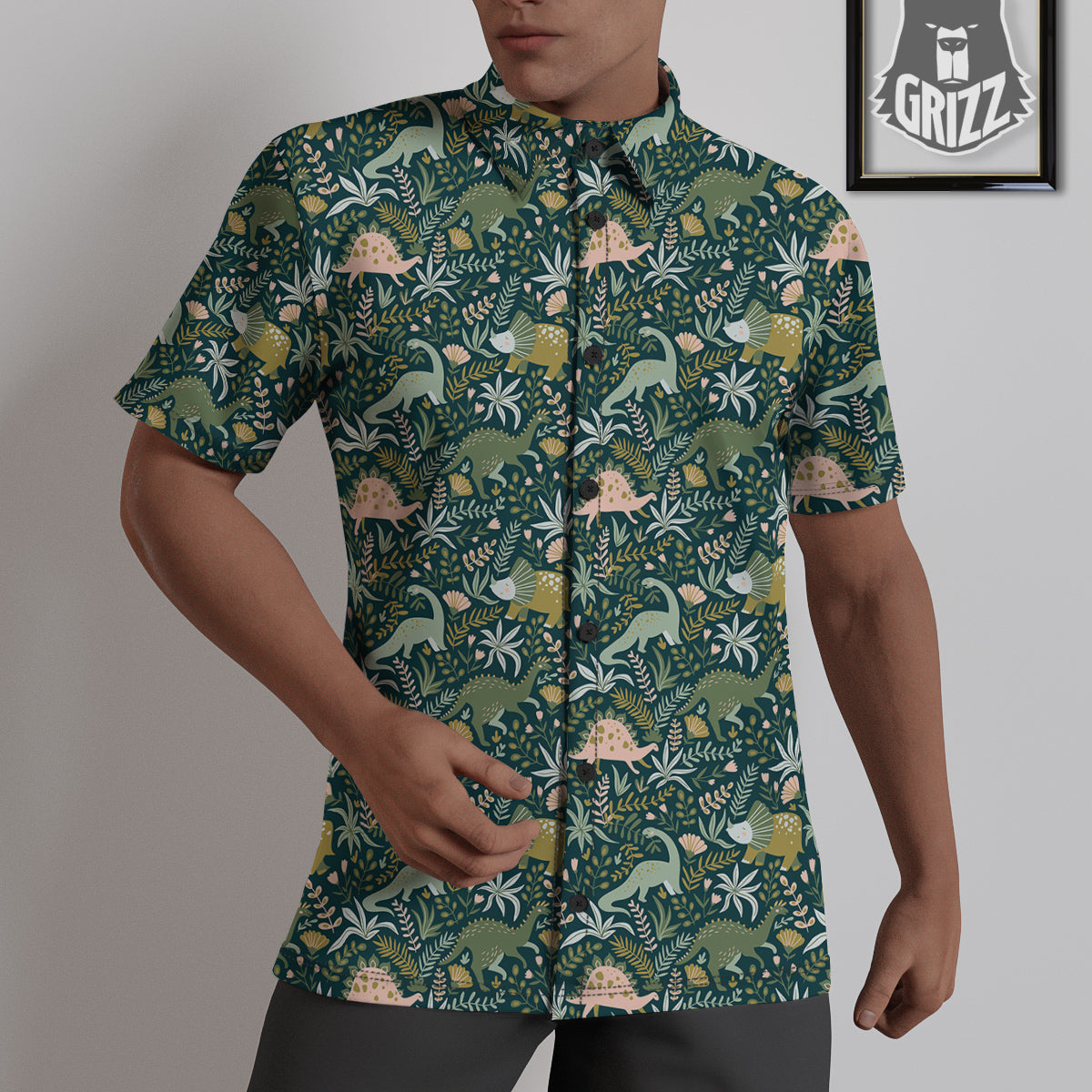 Tropical Leaves Cute Dino Print Pattern Untucked Shirts-grizzshop