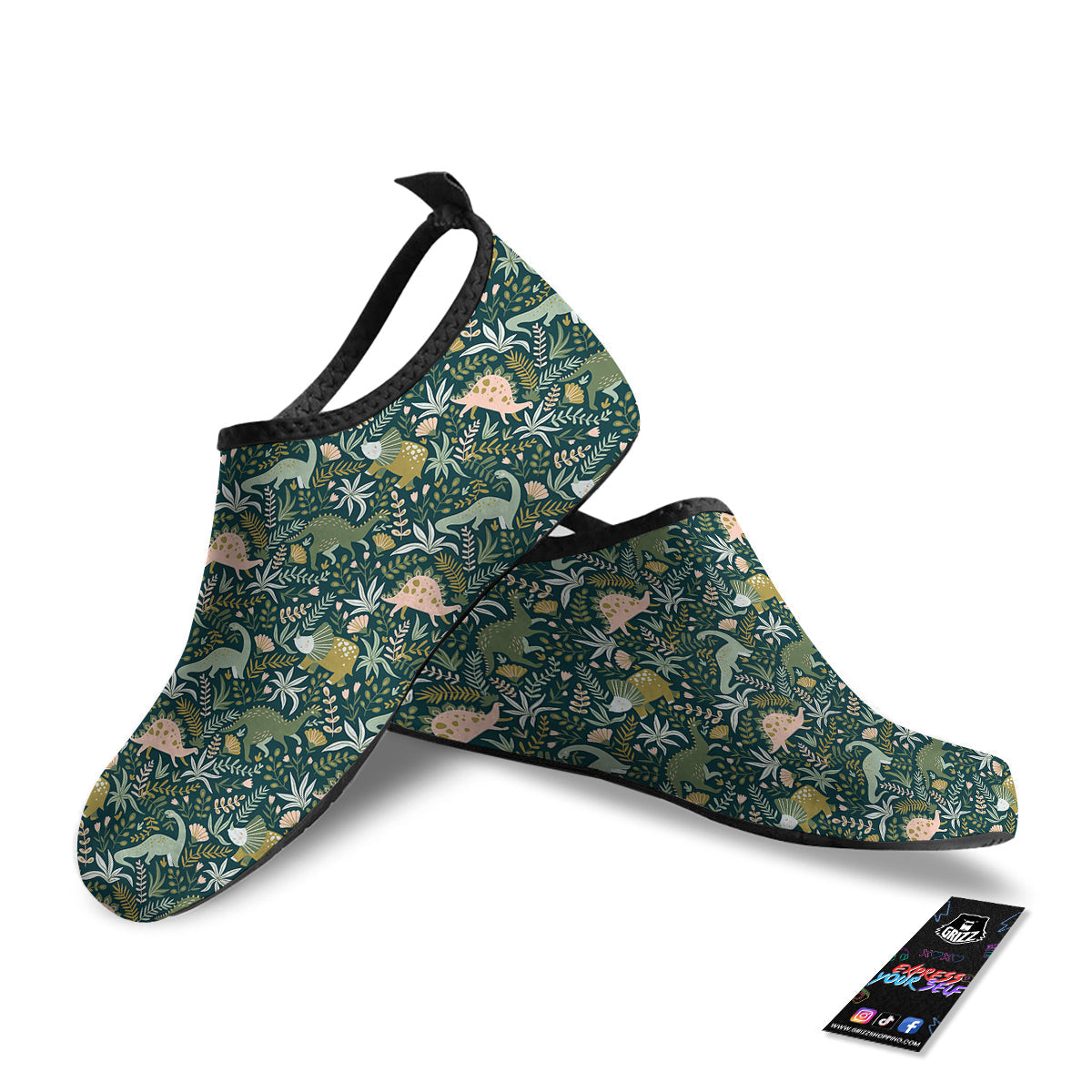 Tropical Leaves Cute Dino Print Pattern Water Shoes-grizzshop