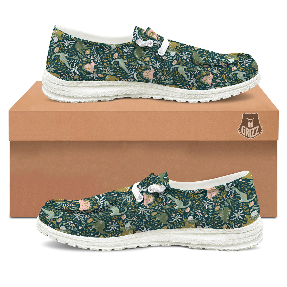 Tropical Leaves Cute Dino Print Pattern White Loafers-grizzshop