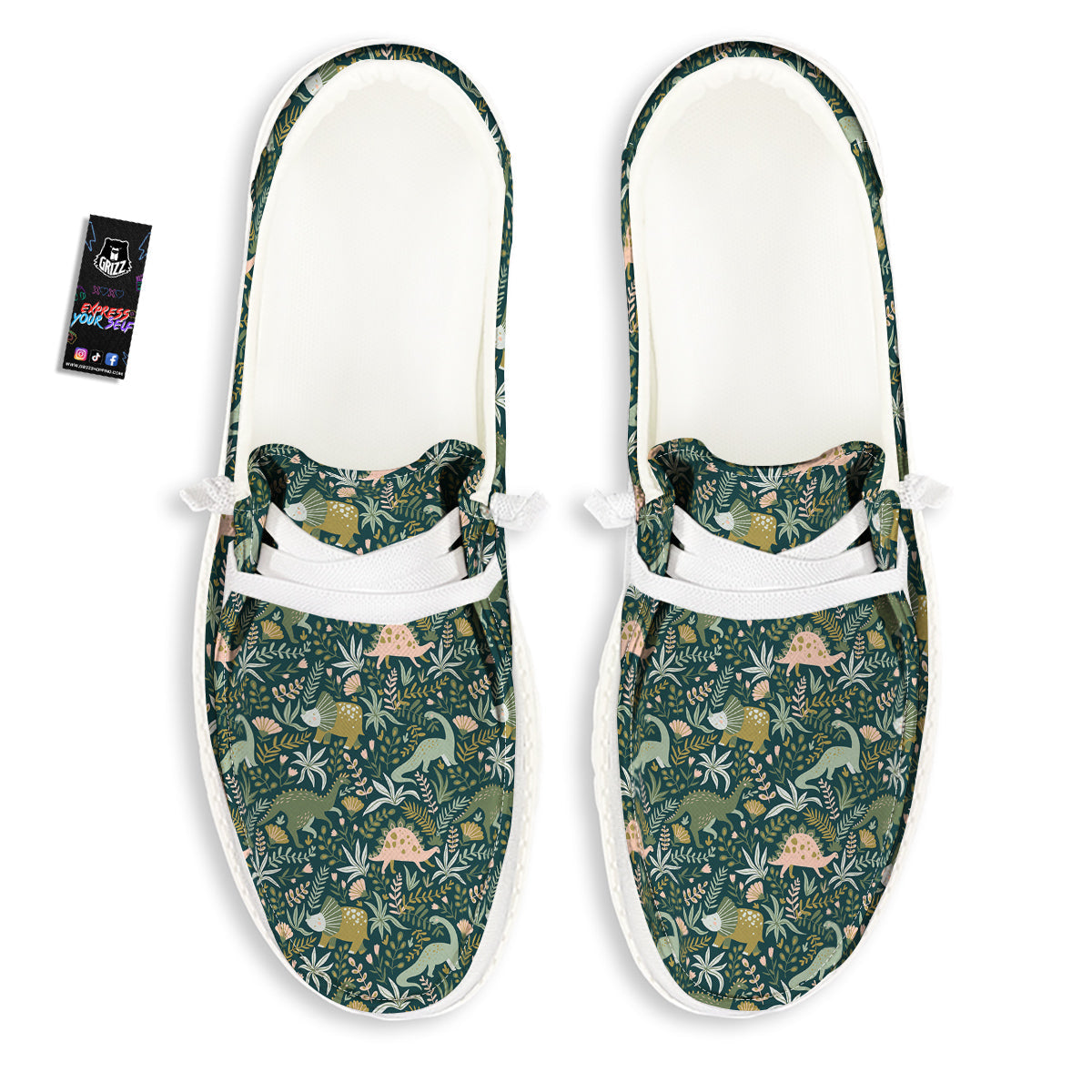 Tropical Leaves Cute Dino Print Pattern White Loafers-grizzshop