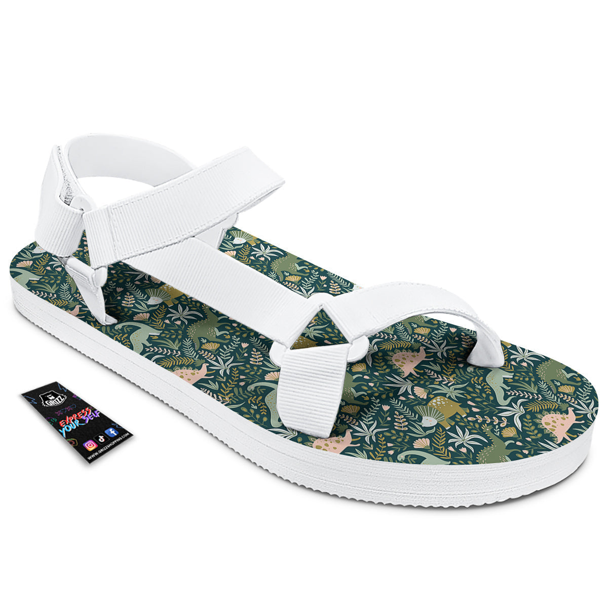 Tropical Leaves Cute Dino Print Pattern White Open Toe Sandals-grizzshop