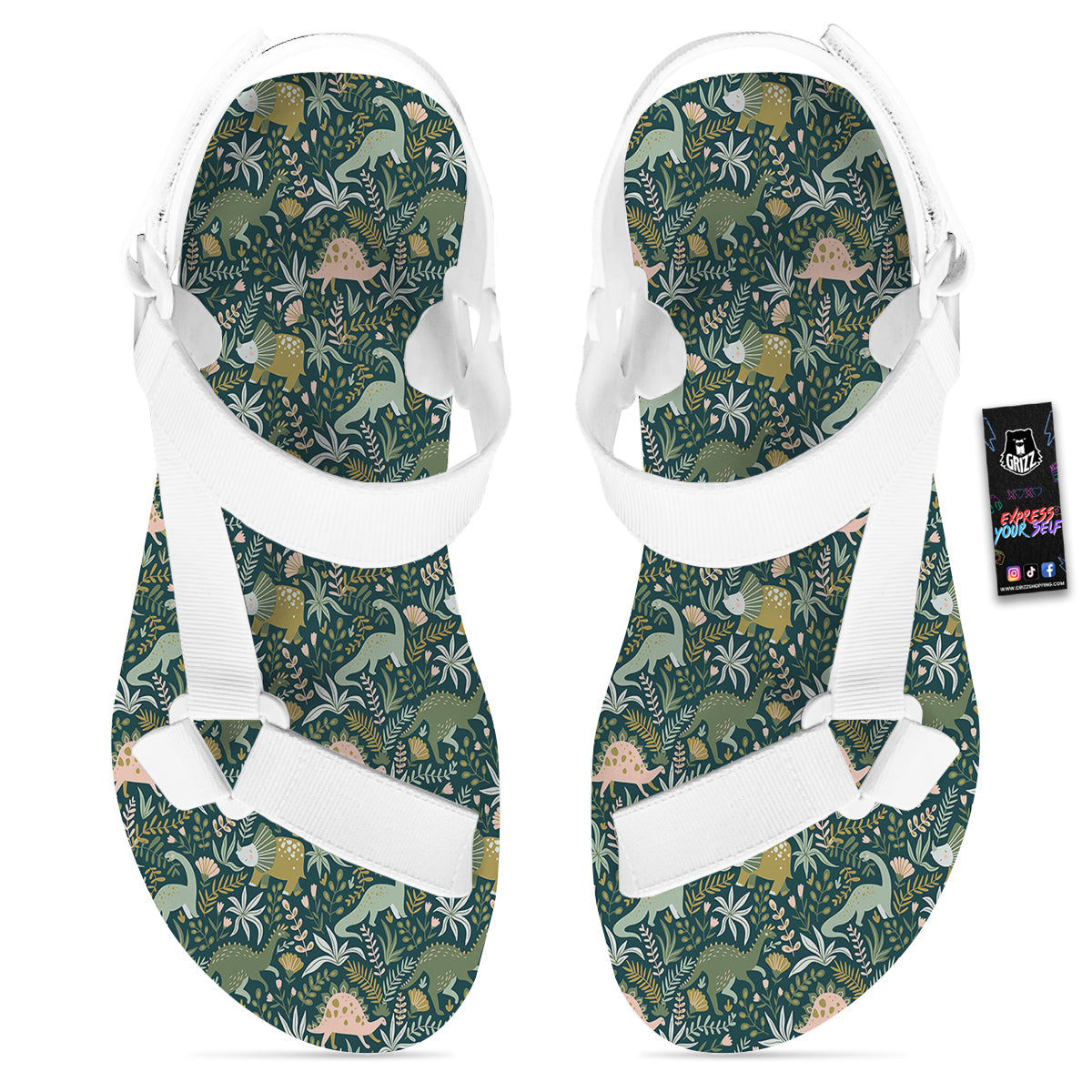 Tropical Leaves Cute Dino Print Pattern White Open Toe Sandals-grizzshop