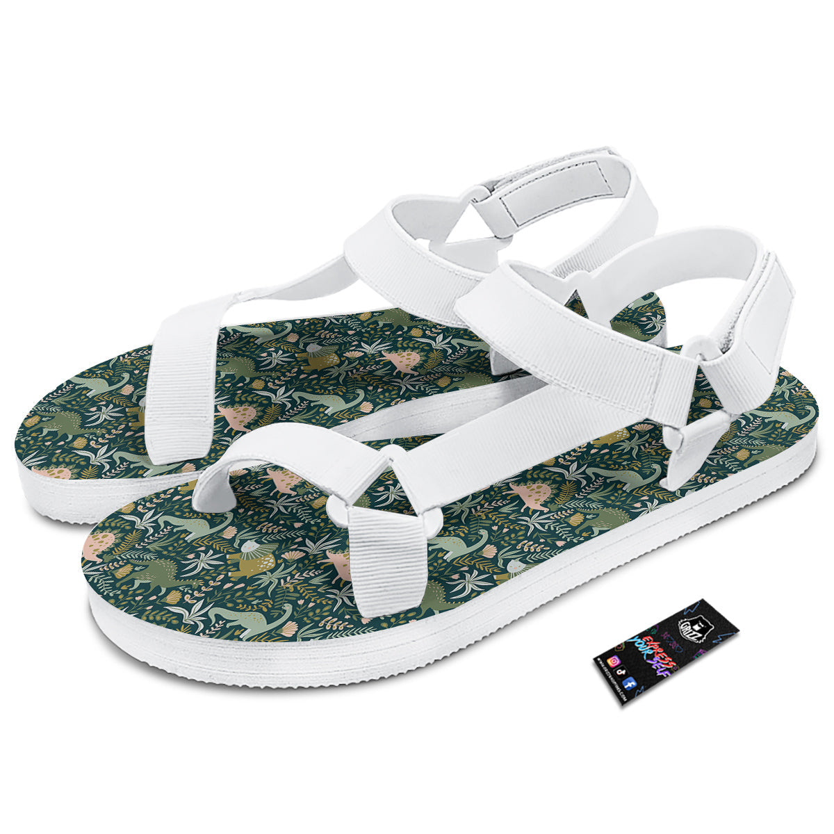 Tropical Leaves Cute Dino Print Pattern White Open Toe Sandals-grizzshop