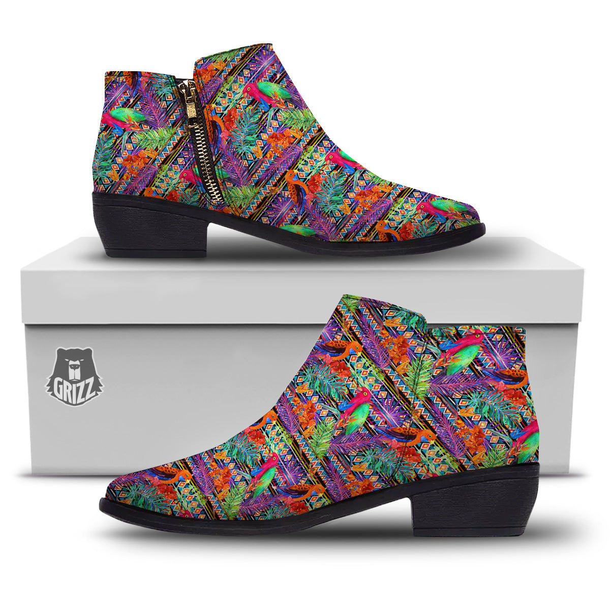 Tropical Leaves Exotic Bird Aztec Print Pattern Ankle Boots-grizzshop