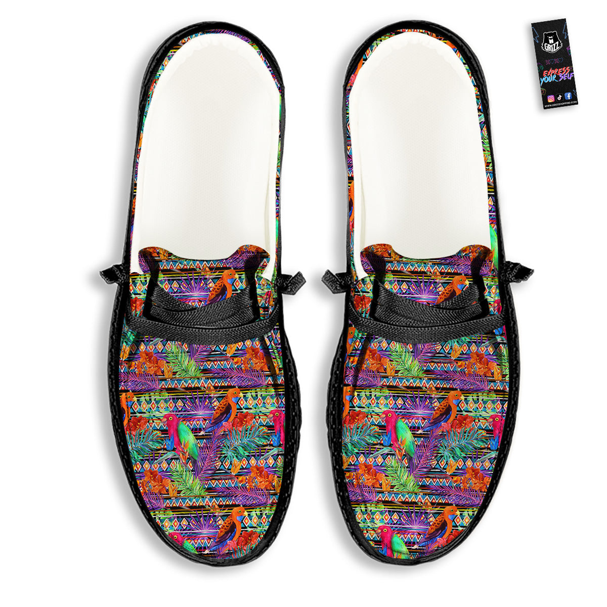 Tropical Leaves Exotic Bird Aztec Print Pattern Black Loafers-grizzshop