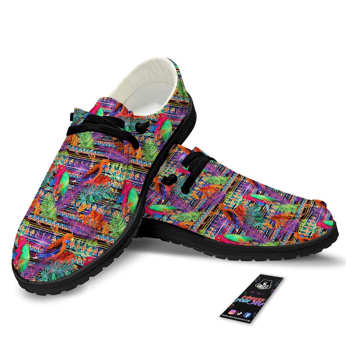 Tropical Leaves Exotic Bird Aztec Print Pattern Black Loafers-grizzshop