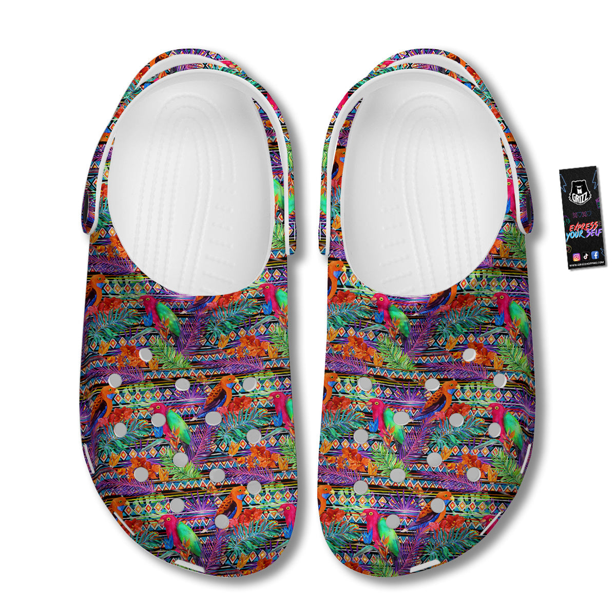 Tropical Leaves Exotic Bird Aztec Print Pattern Clog-grizzshop
