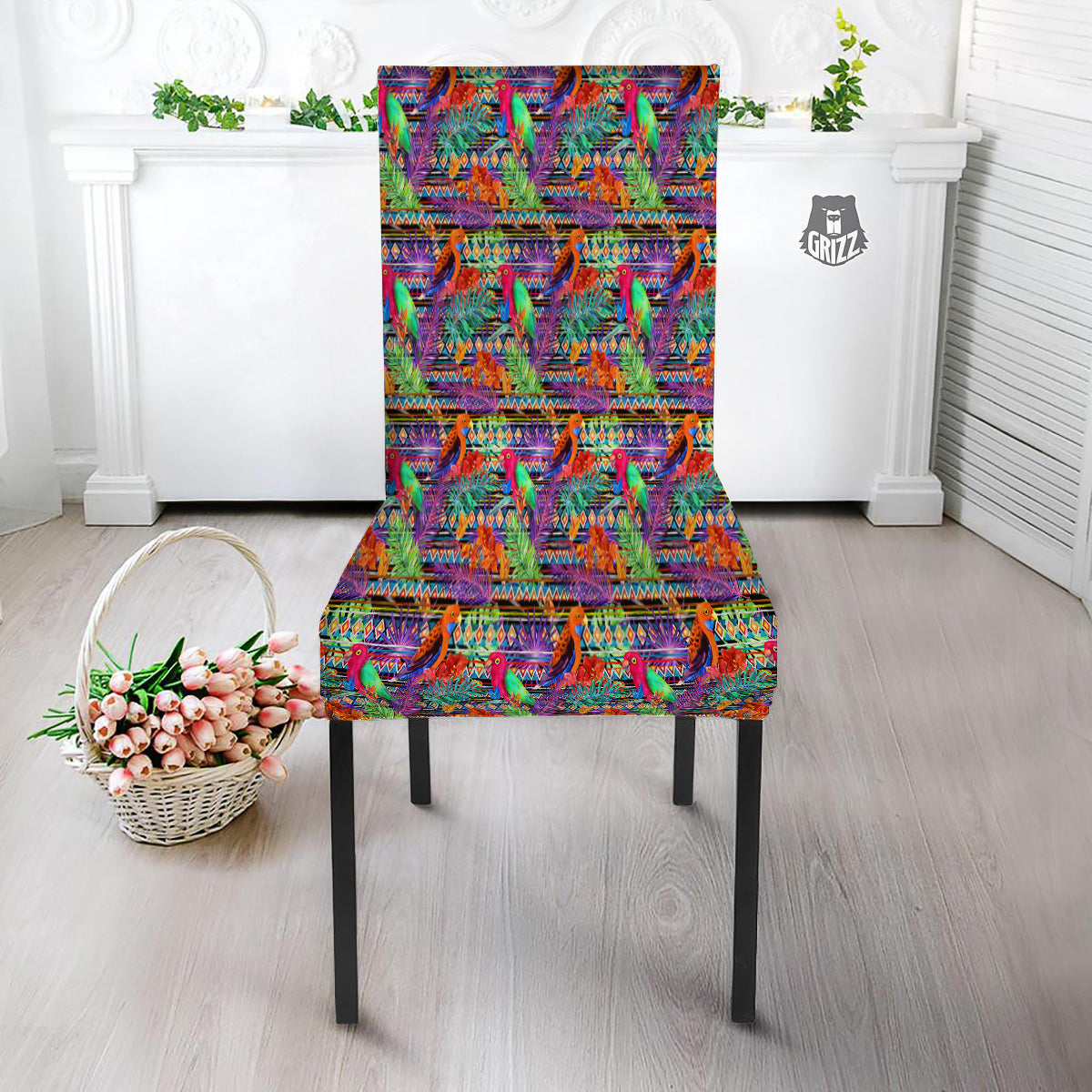 Tropical Leaves Exotic Bird Aztec Print Pattern Dining Chair Slipcover-grizzshop