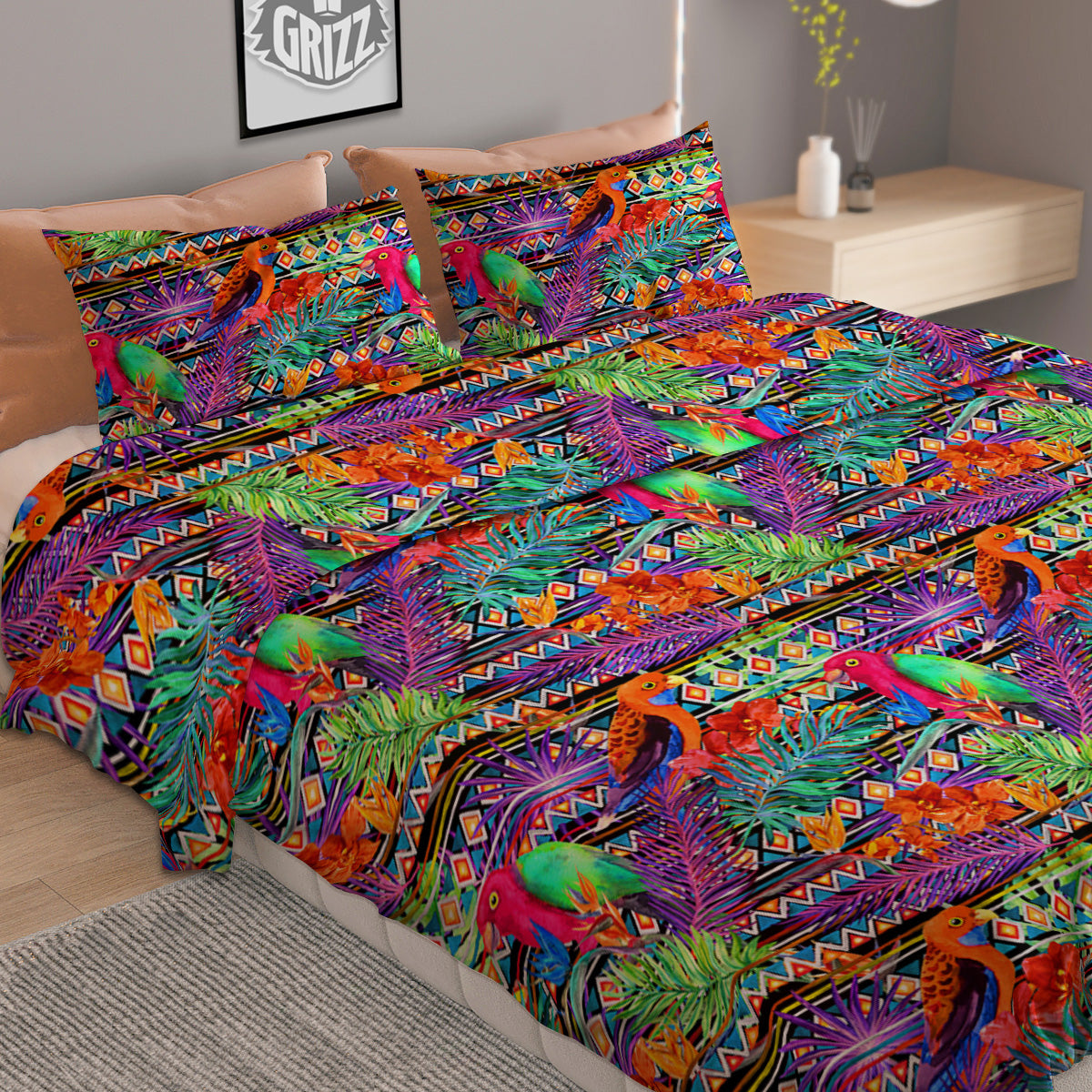Tropical Leaves Exotic Bird Aztec Print Pattern Duvet Cover Bedding Set