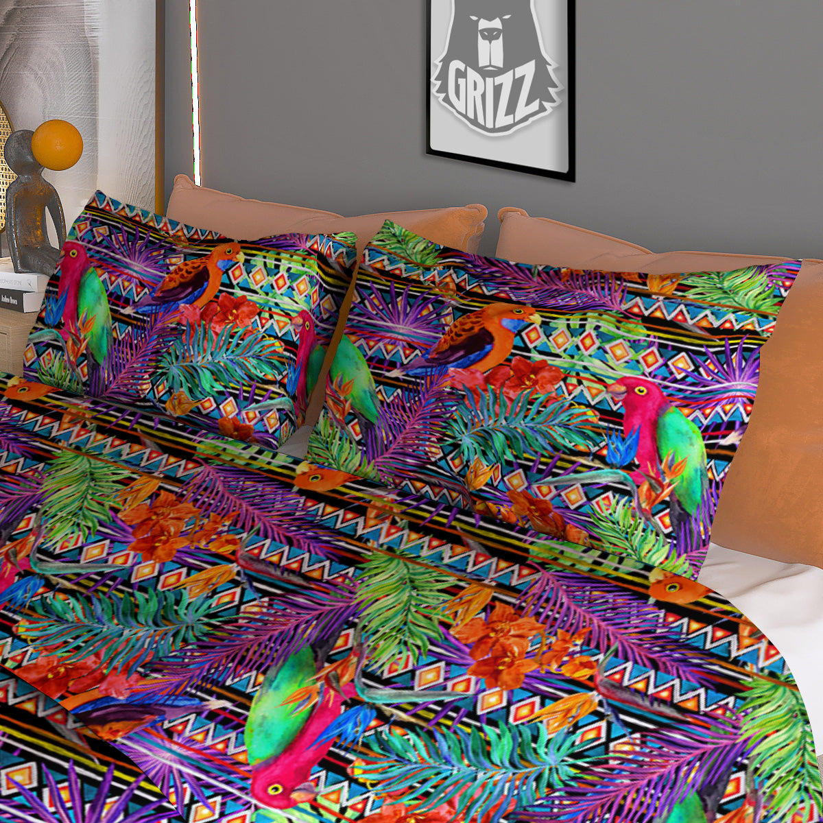 Tropical Leaves Exotic Bird Aztec Print Pattern Duvet Cover Bedding Set