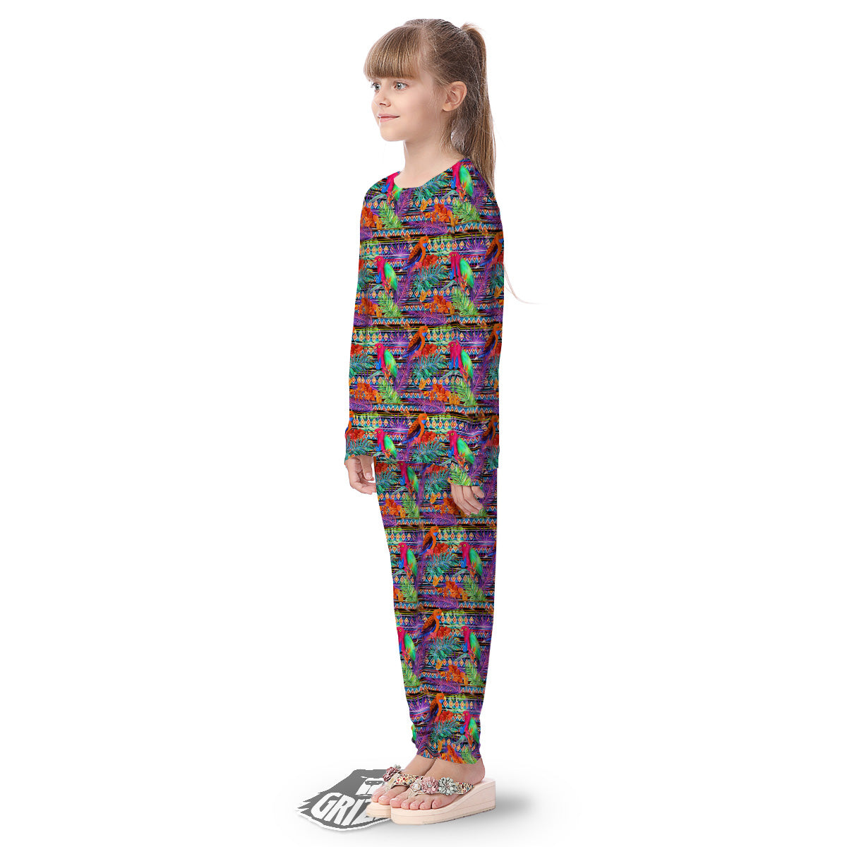 Tropical Leaves Exotic Bird Aztec Print Pattern Kid's Pajamas-grizzshop