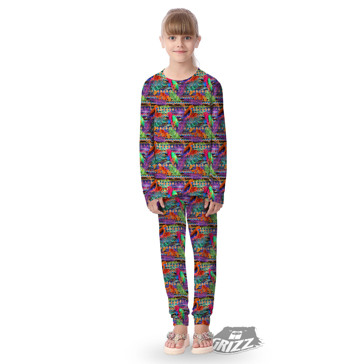Tropical Leaves Exotic Bird Aztec Print Pattern Kid's Pajamas-grizzshop