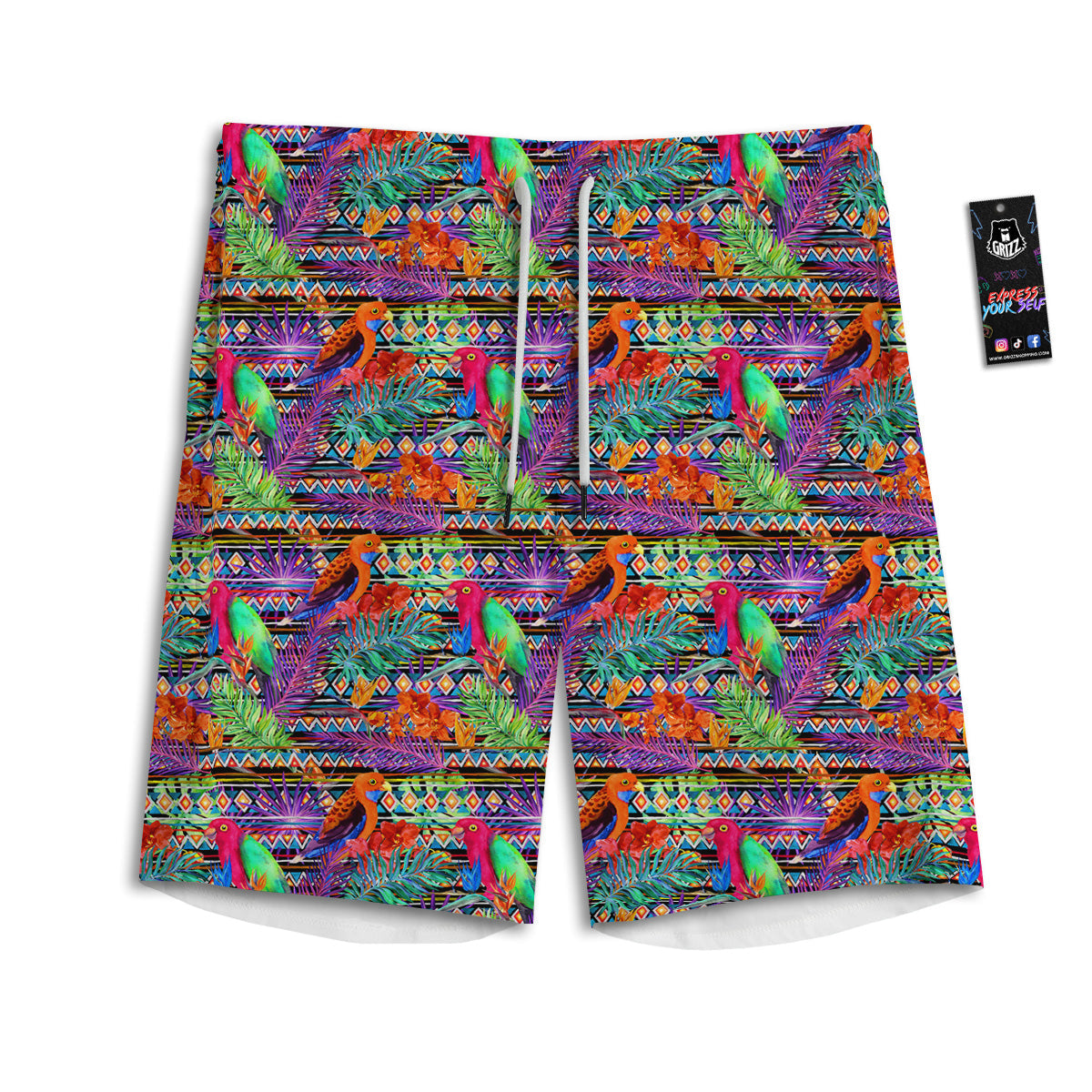 Tropical Leaves Exotic Bird Aztec Print Pattern Men's Athletic Shorts