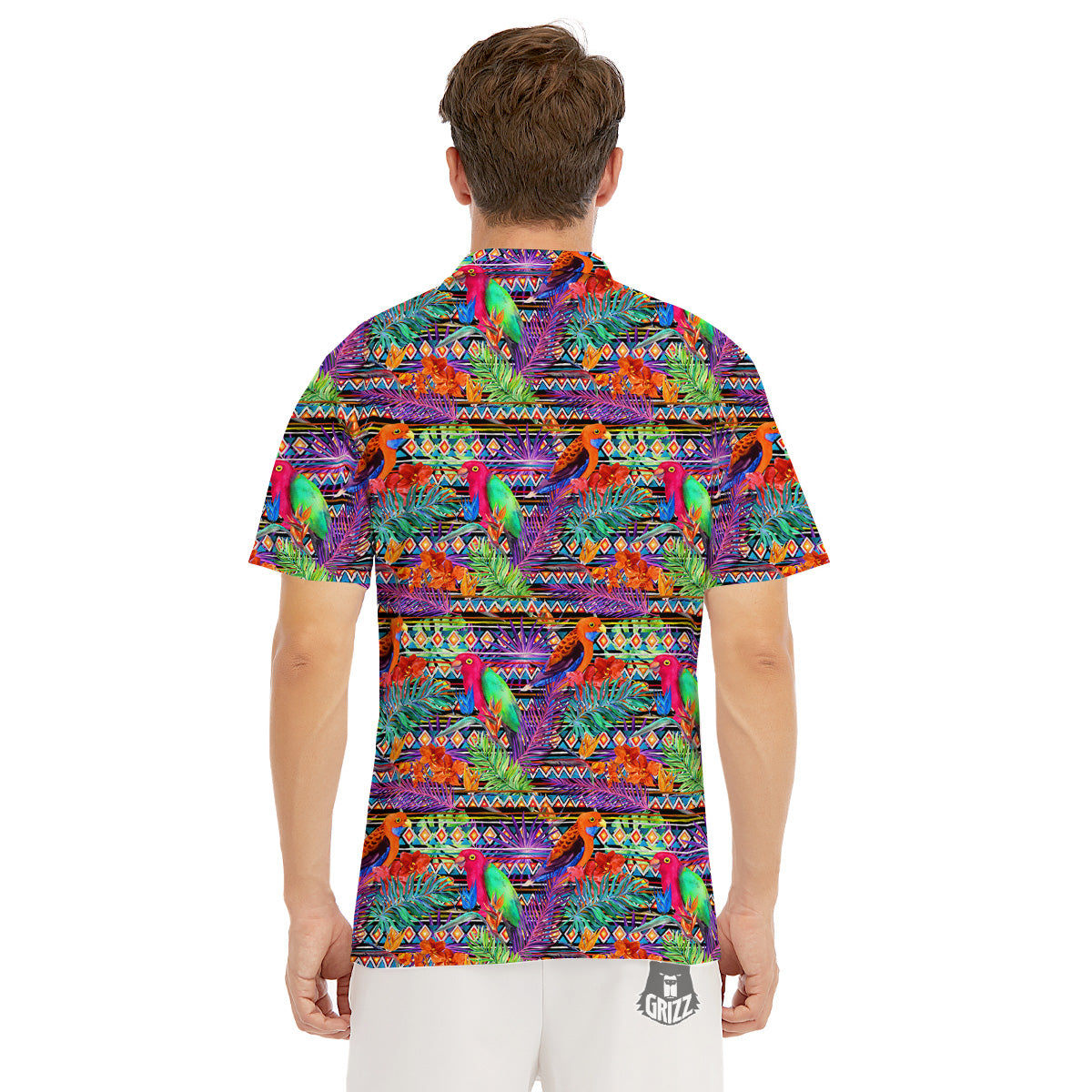 Tropical Leaves Exotic Bird Aztec Print Pattern Men's Golf Shirts-grizzshop
