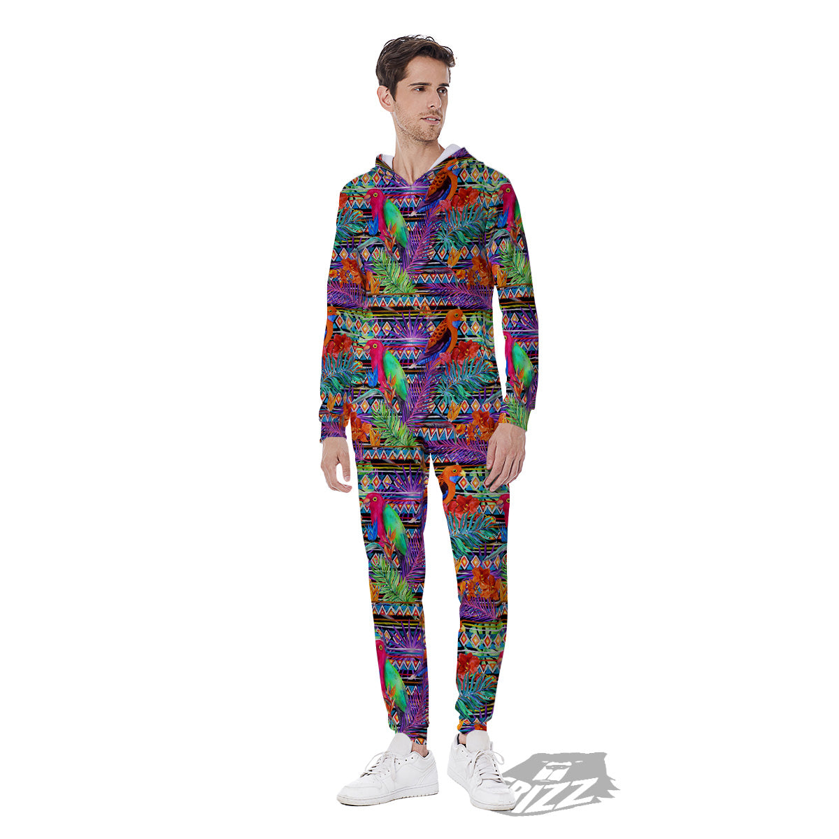 Tropical Leaves Exotic Bird Aztec Print Pattern Men's Jumpsuit-grizzshop