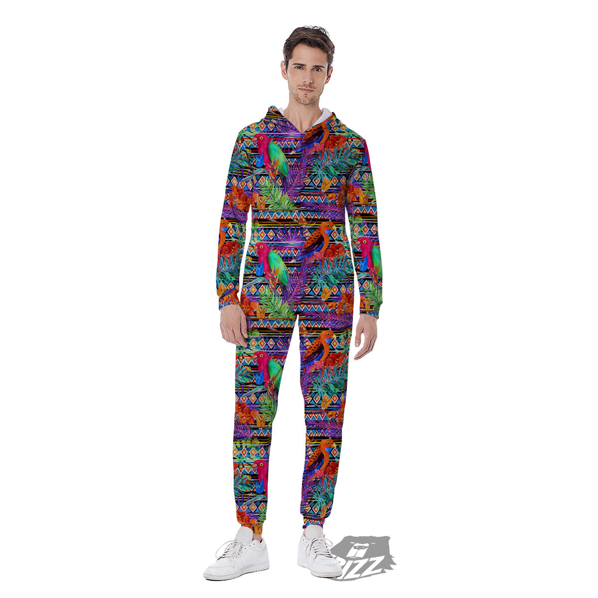 Tropical Leaves Exotic Bird Aztec Print Pattern Men's Jumpsuit-grizzshop