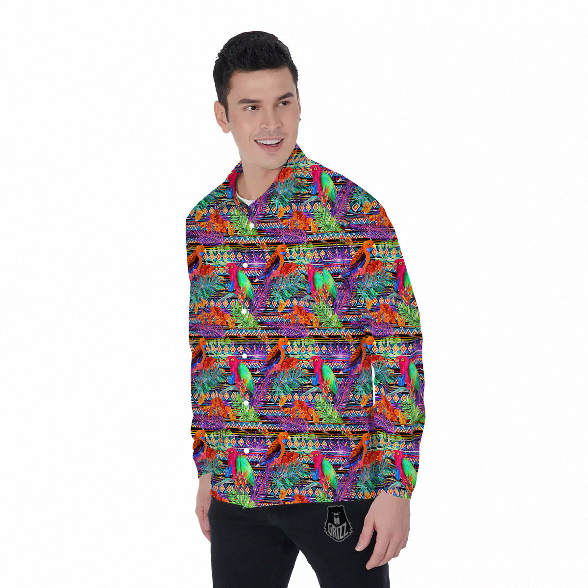 Tropical Leaves Exotic Bird Aztec Print Pattern Men's Long Sleeve Shirts-grizzshop