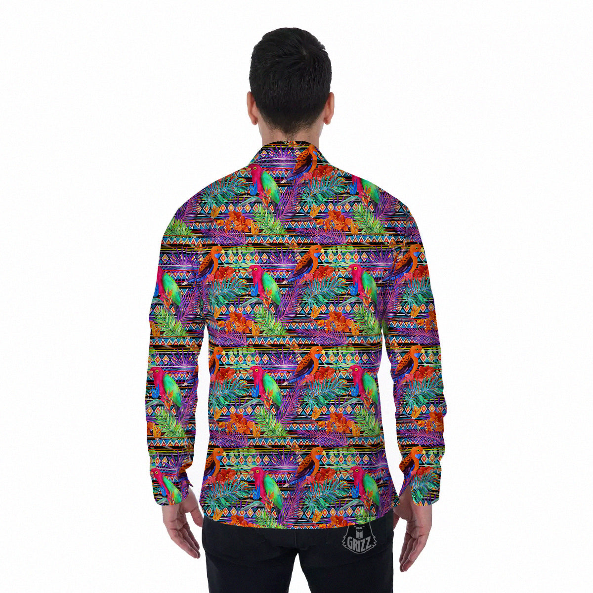 Tropical Leaves Exotic Bird Aztec Print Pattern Men's Long Sleeve Shirts-grizzshop