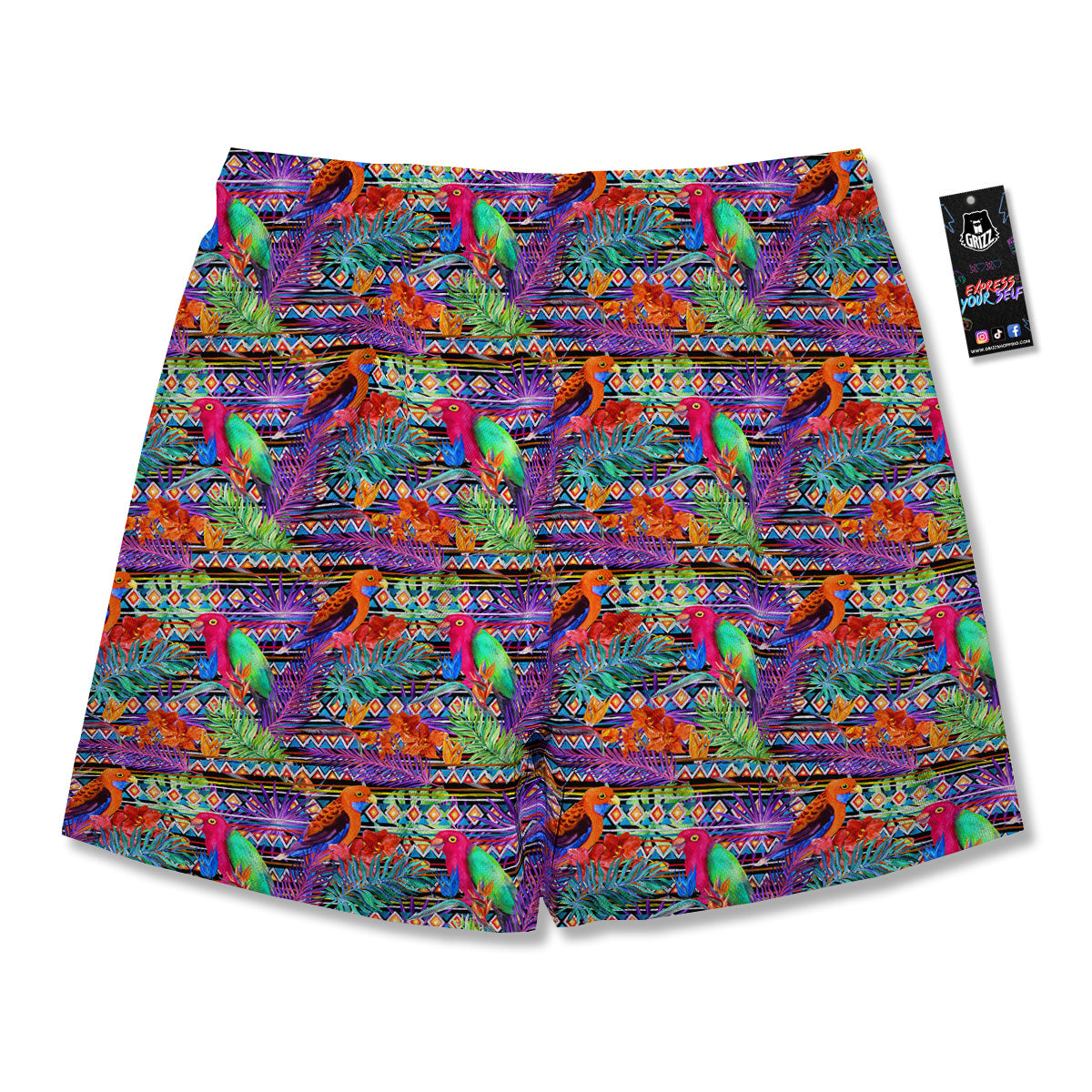 Tropical Leaves Exotic Bird Aztec Print Pattern Men's Running Shorts-grizzshop