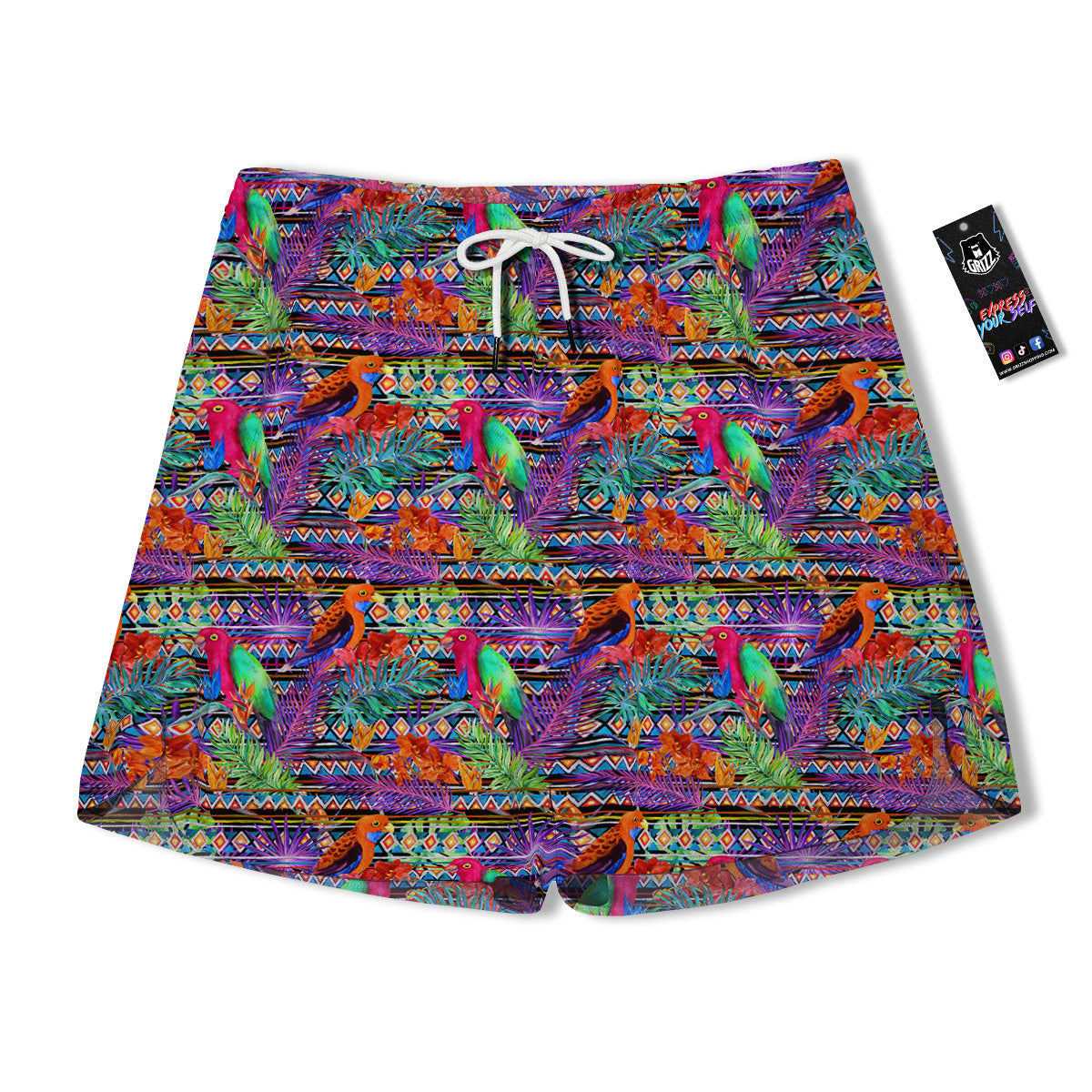 Tropical Leaves Exotic Bird Aztec Print Pattern Men's Running Shorts-grizzshop