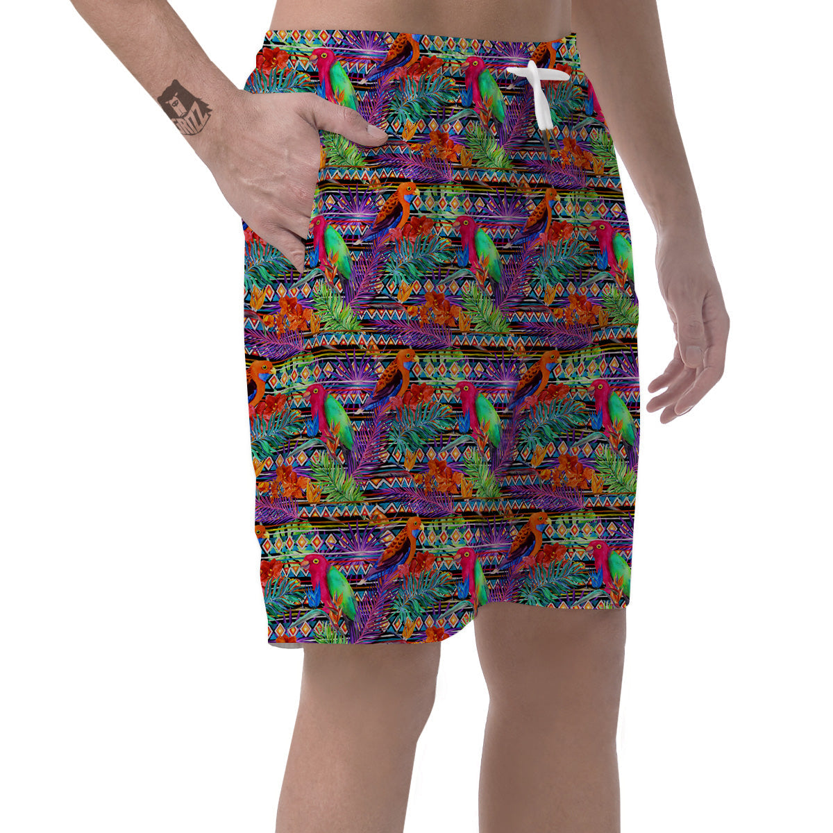 Tropical Leaves Exotic Bird Aztec Print Pattern Men's Shorts-grizzshop