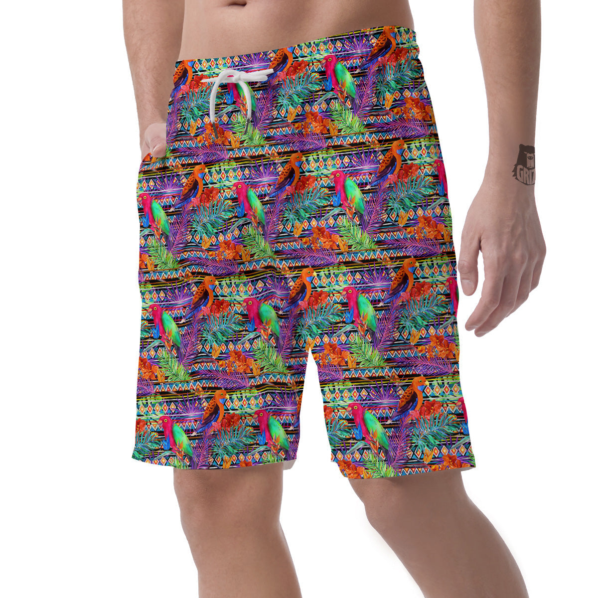 Tropical Leaves Exotic Bird Aztec Print Pattern Men's Shorts-grizzshop