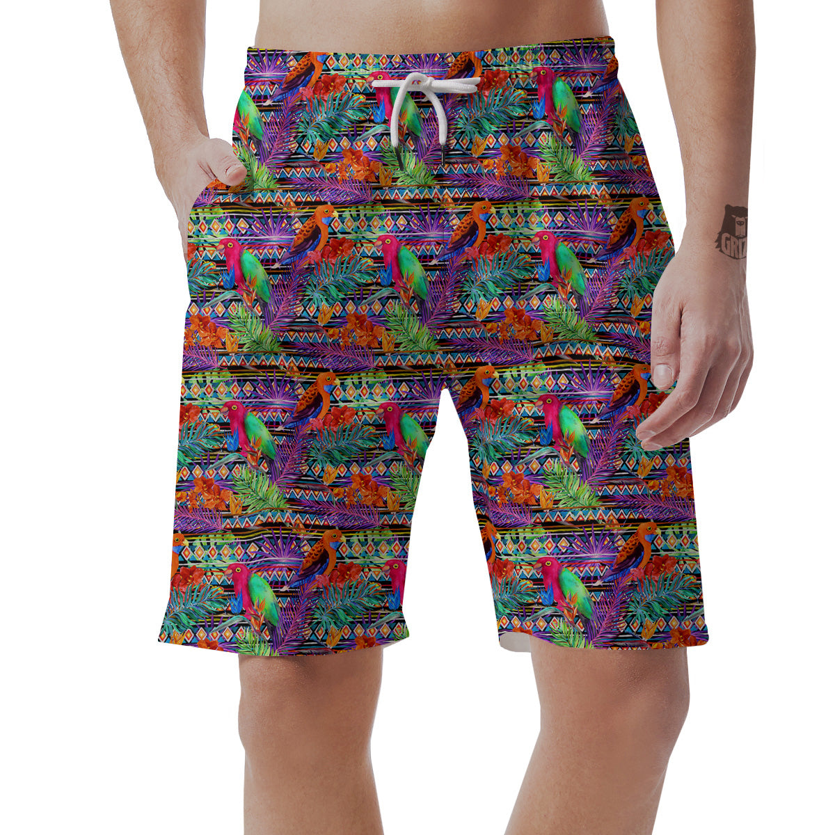 Tropical Leaves Exotic Bird Aztec Print Pattern Men's Shorts-grizzshop
