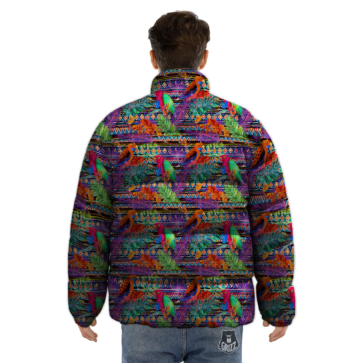 Tropical Leaves Exotic Bird Aztec Print Pattern Puffer Jacket-grizzshop