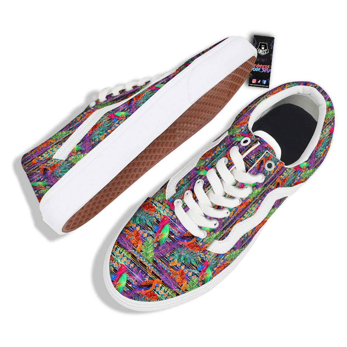 Tropical Leaves Exotic Bird Aztec Print Pattern Skate Shoes-grizzshop