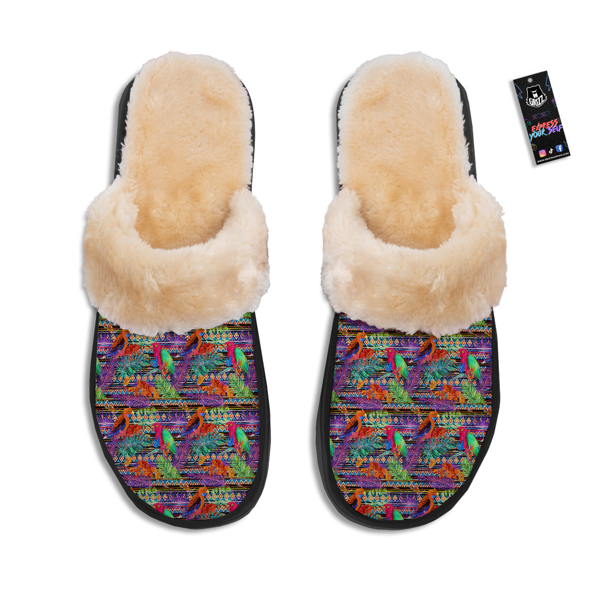 Tropical Leaves Exotic Bird Aztec Print Pattern Slippers-grizzshop