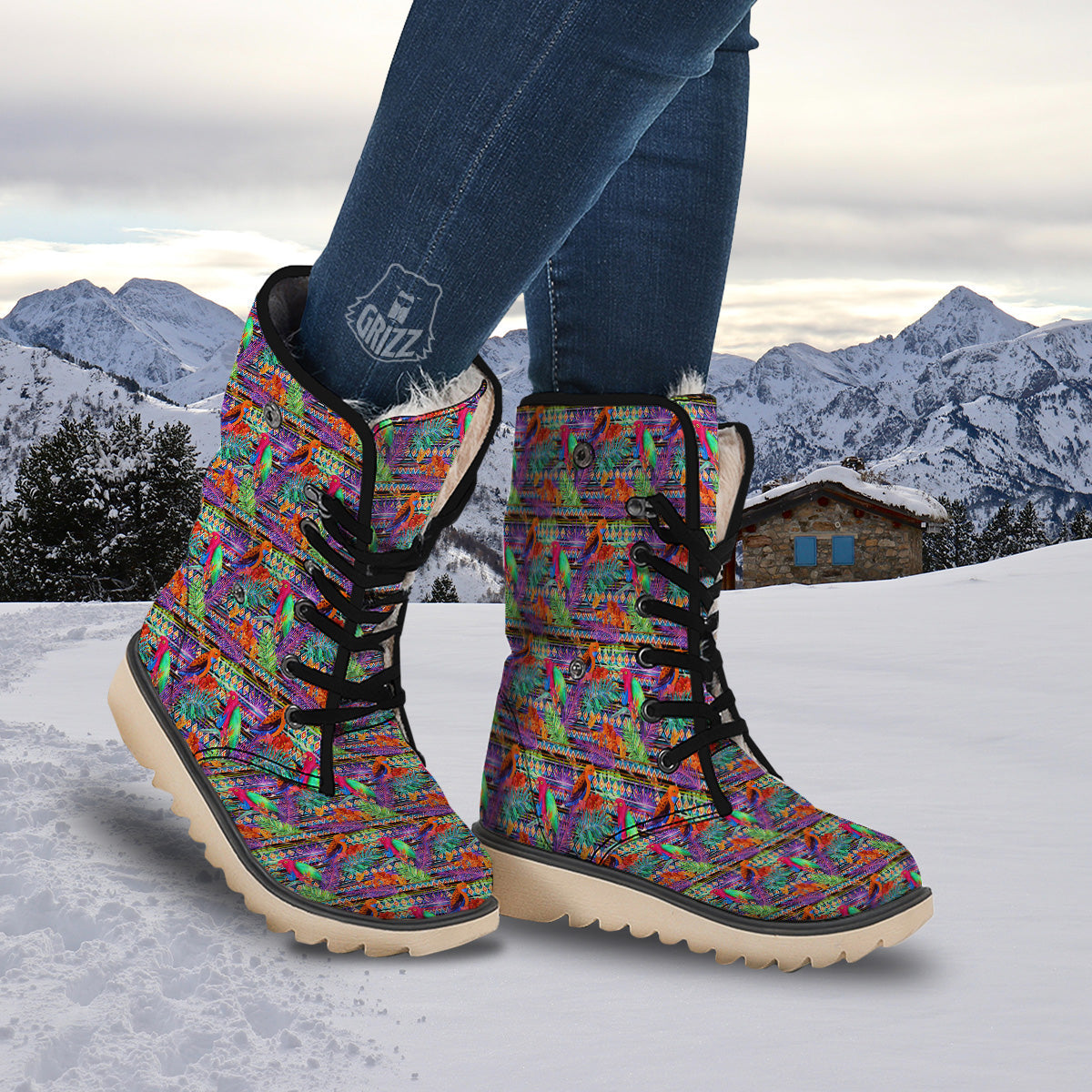 Tropical Leaves Exotic Bird Aztec Print Pattern Snow Boots-grizzshop