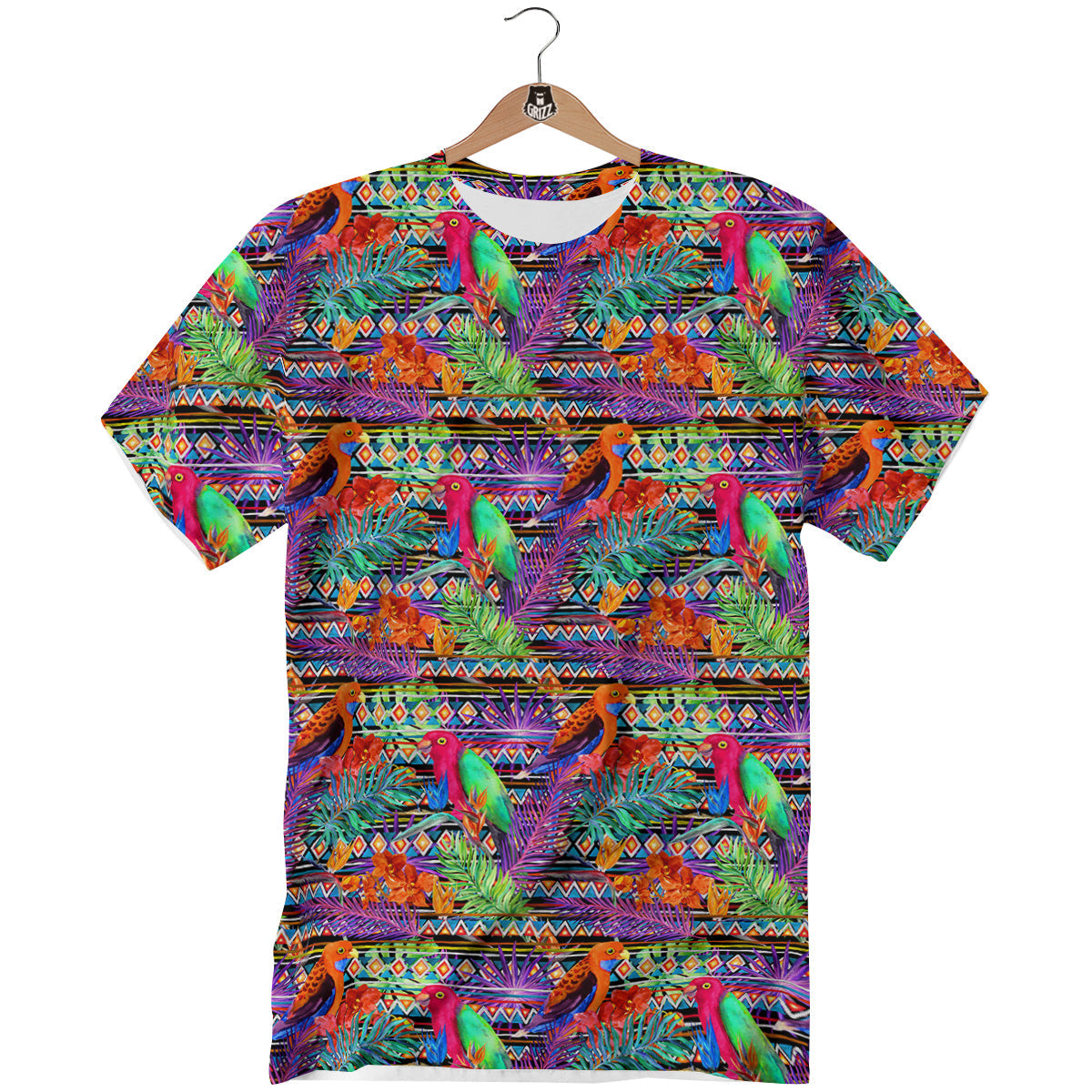 Tropical Leaves Exotic Bird Aztec Print Pattern T-Shirt-grizzshop