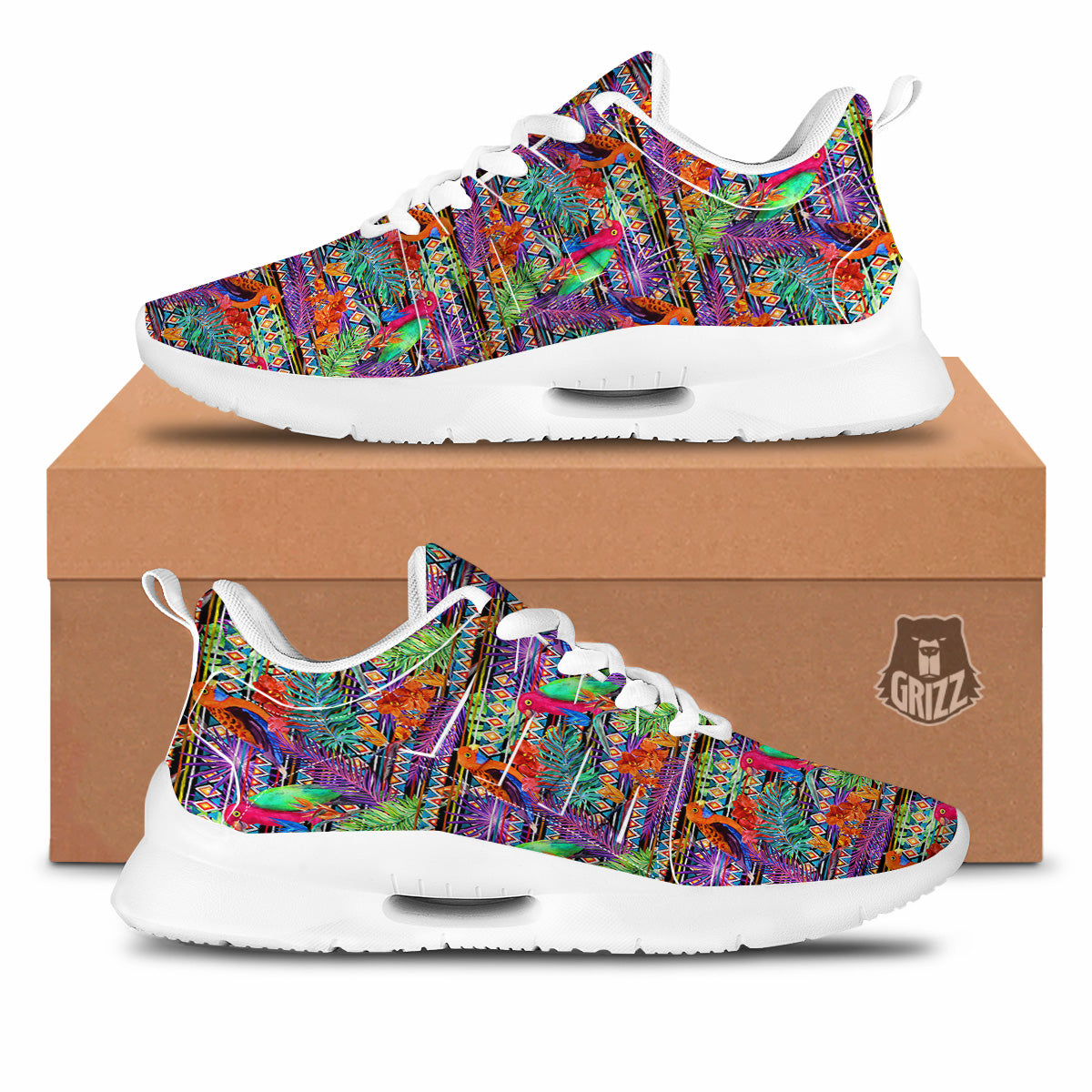Tropical Leaves Exotic Bird Aztec Print Pattern Tennis Shoes-grizzshop
