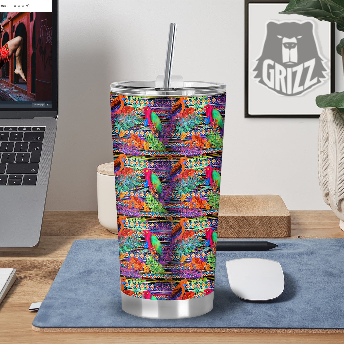 Tropical Leaves Exotic Bird Aztec Print Pattern Tumbler-grizzshop