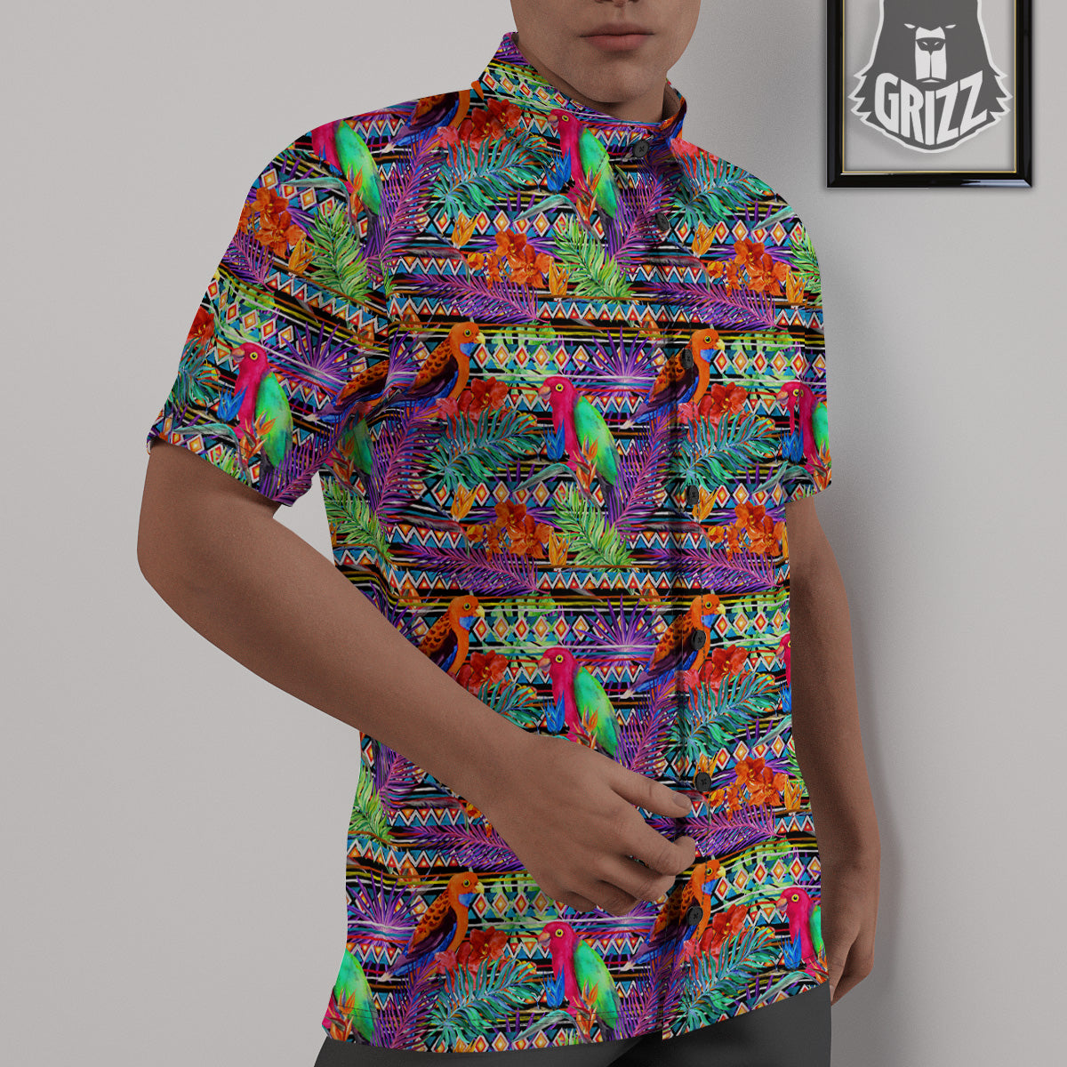 Tropical Leaves Exotic Bird Aztec Print Pattern Untucked Shirts-grizzshop