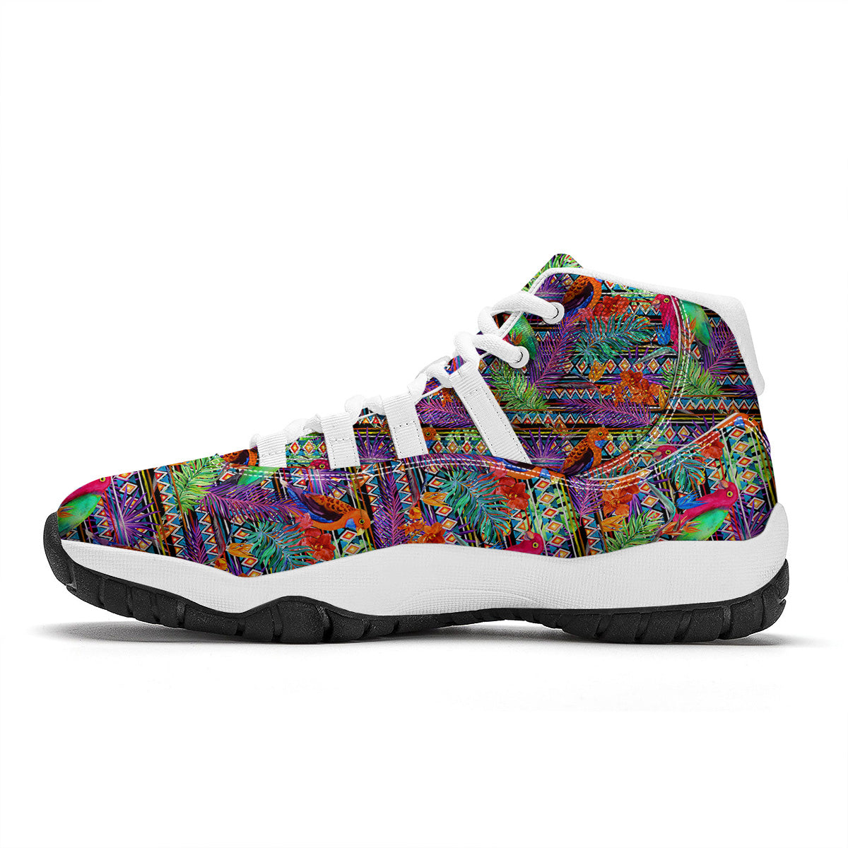 Tropical Leaves Exotic Bird Aztec Print Pattern White Bball Shoes-grizzshop