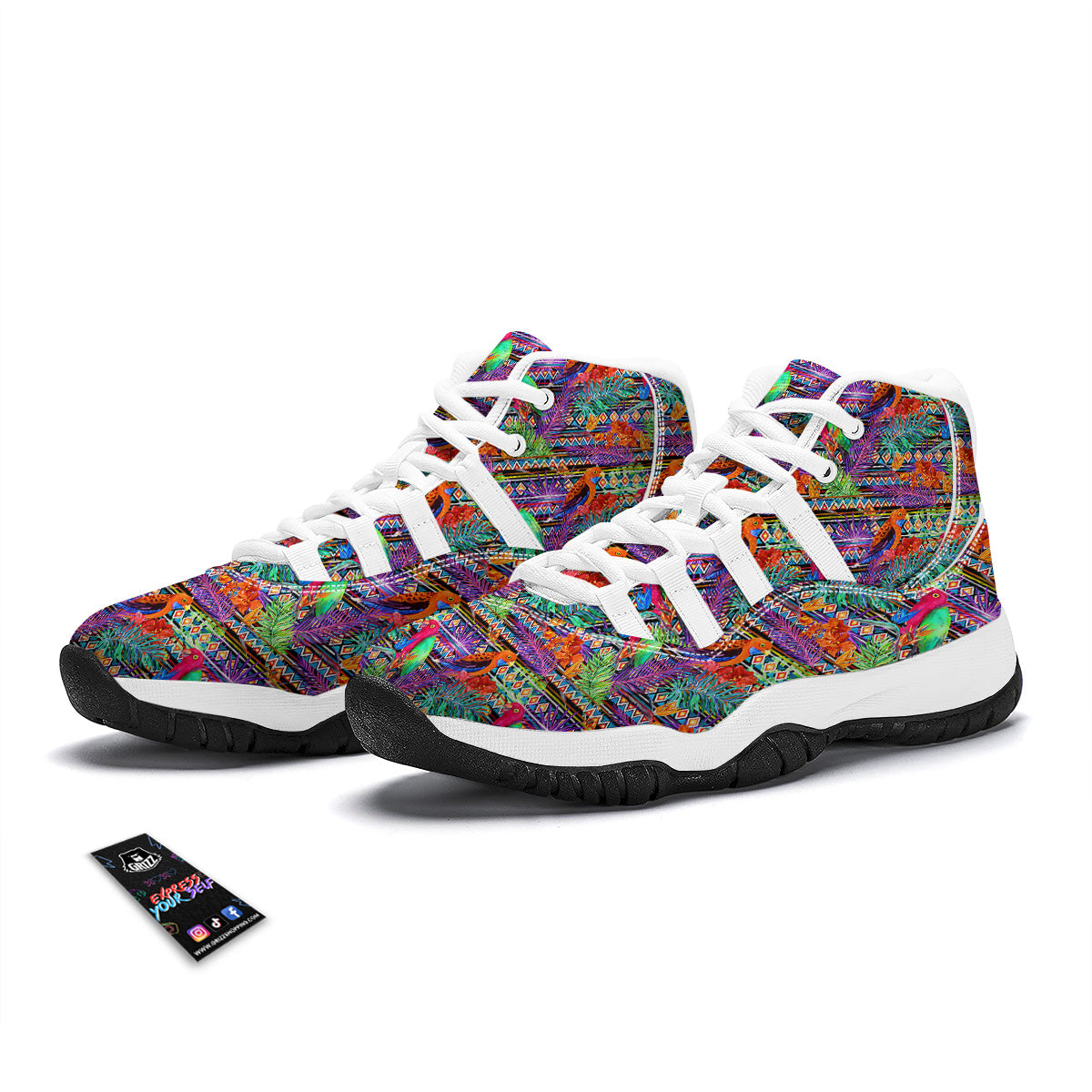 Tropical Leaves Exotic Bird Aztec Print Pattern White Bball Shoes-grizzshop