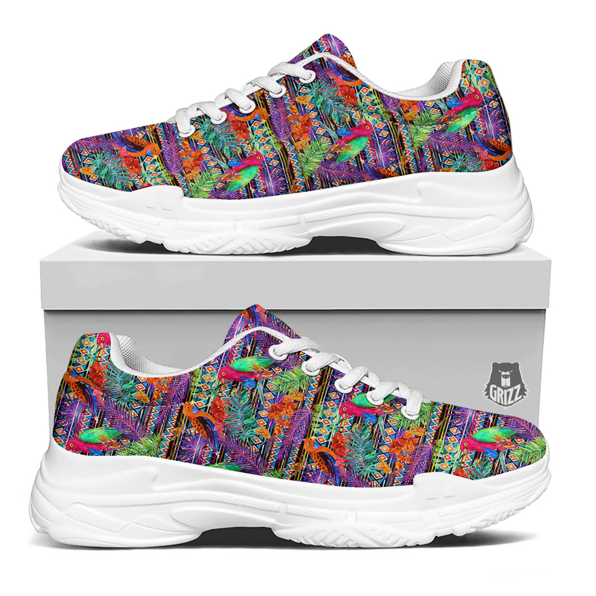 Tropical Leaves Exotic Bird Aztec Print Pattern White Chunky Shoes-grizzshop